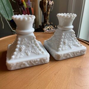 2-VTG Westmoreland Beaded Grape Milk Glass Square Candlestick Holders Signed